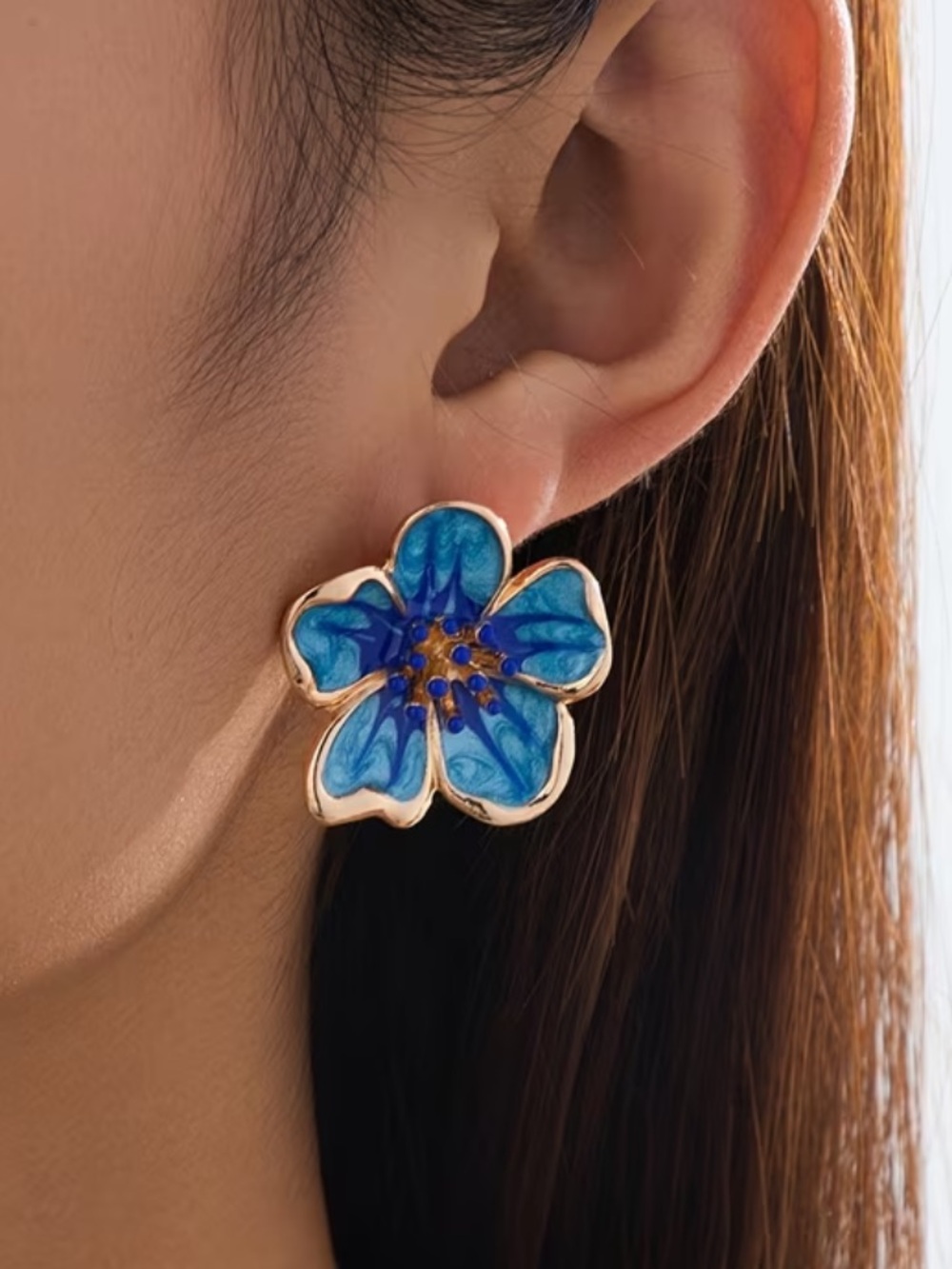 Blue Enamel Flower Stud Earrings - Women's Jewelry